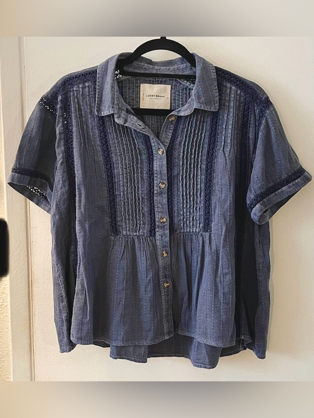 Lucky Brand Denim Top Blouse Western Cowgirl Prairie Button Up Collar Crochet
